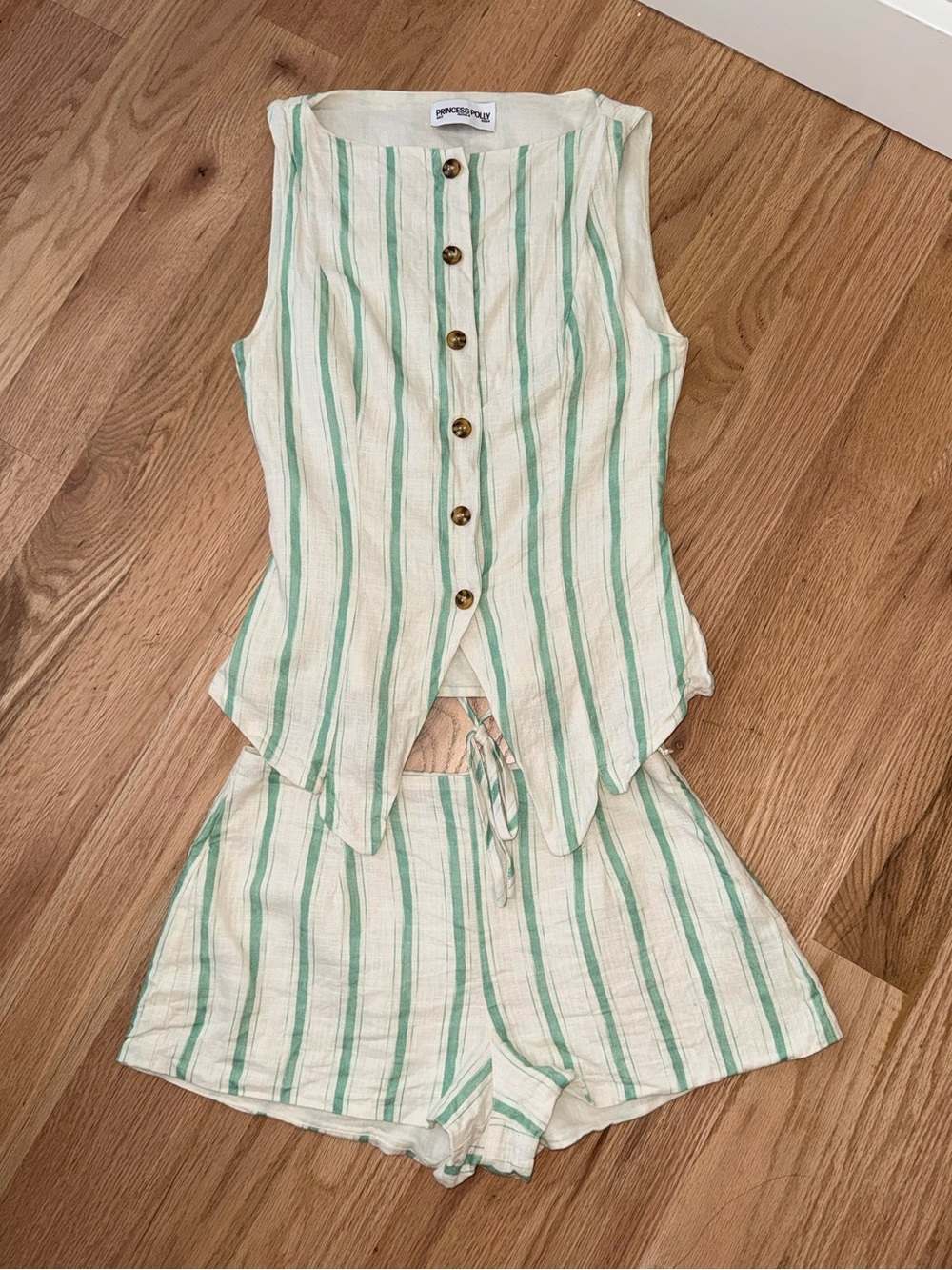 Princess Polly Set Linen Blend Therese Vest Set Green Stripe Button Up Size 2
